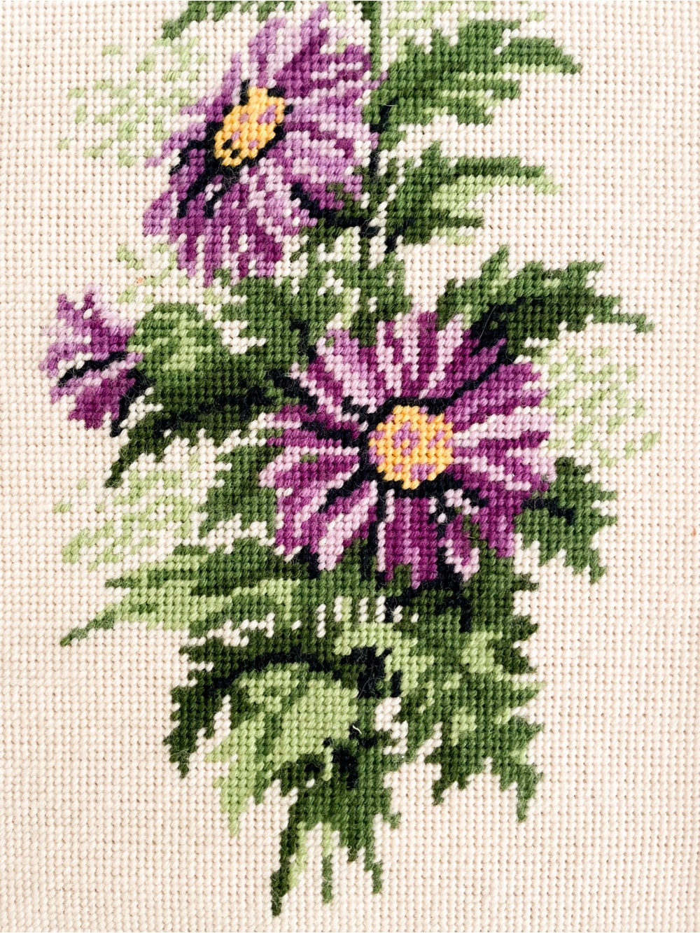 Vintage Framed Needlepoint Purple Aster Flowers Floral Botanical Wall Art - Picture 4 of 7